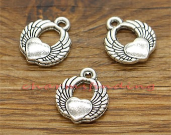 20 piezas de dijes de corazón alado de 2 lados, tono plata antigua, 16 x 19 mm, cf0034