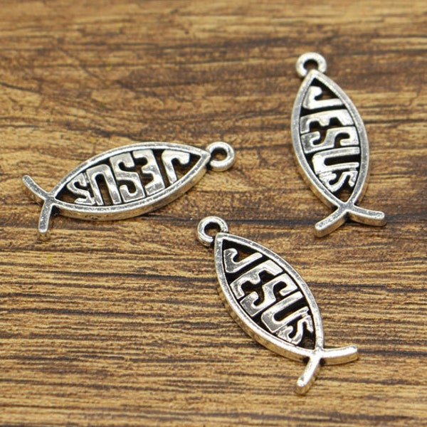 20pcs Religious Charms Jesus Fish Charm Antique Silver Tone 10x27mm cf1843