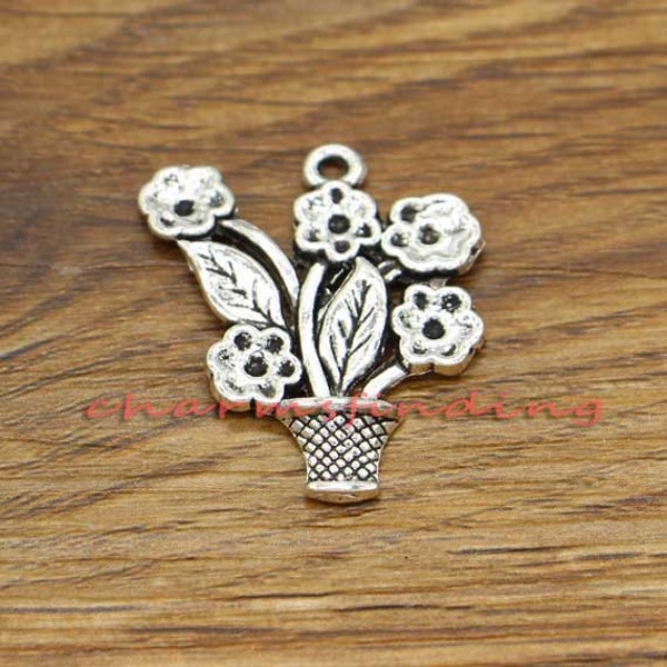 15pcs Flower Pot Flowerpot Charms Garden Charms Antique Silver Tone 23x28mm cf0627