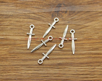 80pcs Bulk Small Sword Charms Pendants Antique Silver Tone 8x24mm cf5035