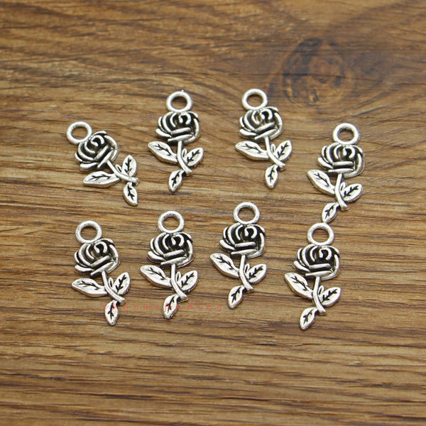 50pcs Rose Flower Charms Floral Charms Antique Silver Tone 10x21mm cf4033