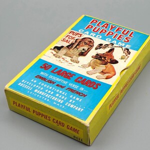 vintage jeu de cartes chiots ludiques, jeu de cartes Russell, connaissance de la nature, jeu de cartes éducatif anglais/français pour enfants