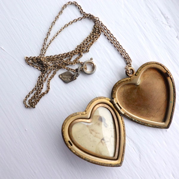 Vintage Antique-looking Heart Locket on Gold-colored Chain, Etched Floral with Letter H, Princess Length 18" Chain, Signed Sarah Cov. Canada