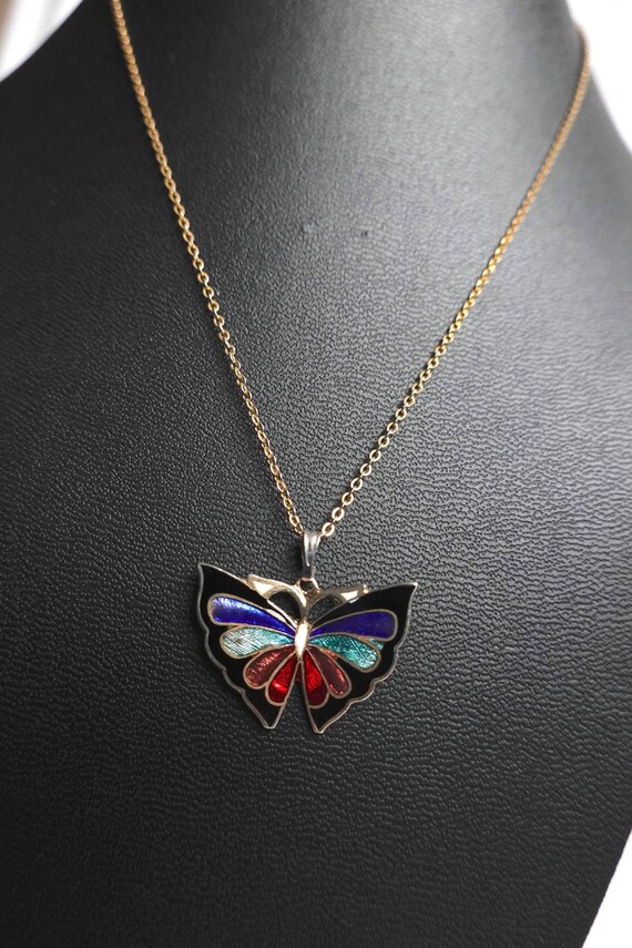 Vintage Cloisonne Enamel Butterfly Pendant Neckla… - image 2