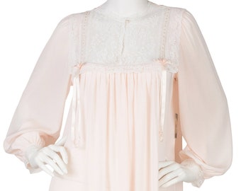 Christian Dior Lingerie NWT 1980s Vintage Peach & White Lace Balloon Sleeve Nightgown Sz M