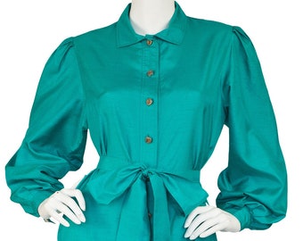 Pierre Balmain 1980s Vintage Green Balloon Sleeve Shirt Dress L XL