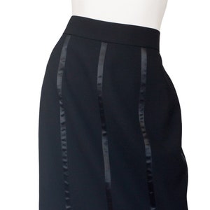 Guy Laroche Couture 1990s Vintage Black Satin Tuxedo Stripe Wool Pencil Skirt Sz M L image 2