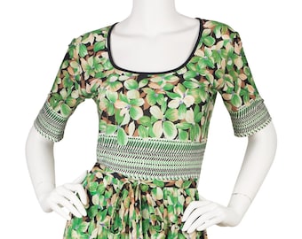 Lanvin 1970s Vintage Green Floral Jersey Short Sleeve Dress Sz S