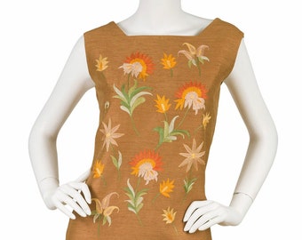 Delhiwala 1960s Vintage Floral Embroidered Raw Silk Shift Dress Sz S