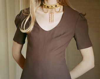 Shubette of London 1970s Gold Chain Choker Brown Crepe Maxi Dress