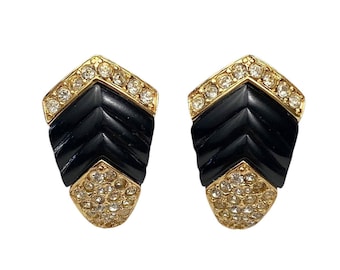 Oscar de la Renta 1980s Vintage Rhinestone Black & Gold Clip-On Earrings