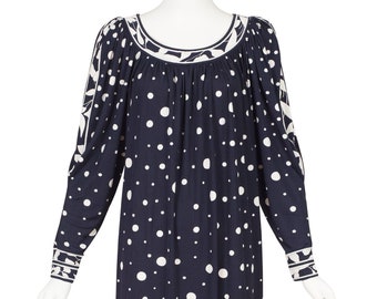 Sukienka Leonard Paris Vintage z lat 80. w kropki w kolorze granatowym z jedwabiu i lamówką z nadrukiem