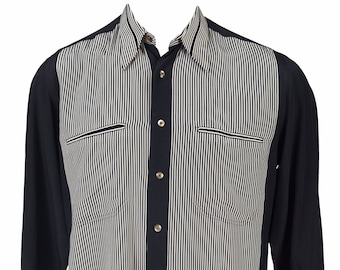 Brioni Roma 1980s Vintage Men's Black & White Striped Silk Collared Shirt