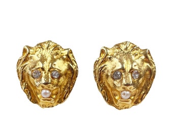 Averil 1980s Vintage Lion Head Figural Gold-Tone Clip-On Earrings