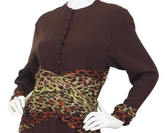 Jean-Louis Scherrer 1980s Vintage Leopard Print Dress Sz S / Designer Silk Chifon & Brown Crepe