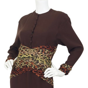 Jean-Louis Scherrer 1980s Vintage Leopard Print Dress Sz S / Designer Silk Chifon & Brown Crepe image 1