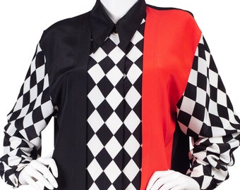 Louis Féraud 1980s Vintage Black, White, & Red Checkered Long Sleeve Blouse Sz XL