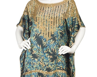 Miss Egypt 1970s Vintage Gold Embellished Blue & Green Silk Twill Caftan