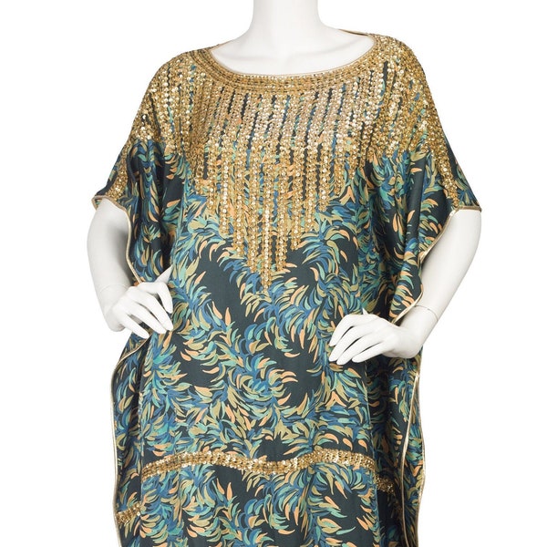 Miss Egypt 1970s Vintage Gold Embellished Blue & Green Silk Twill Caftan