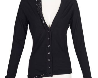 Christian Dior Boutique by John Galliano 2006 Pailletten-Schwarze Wollstrick-Vintage Asymmetrische Strickjacke Sz S