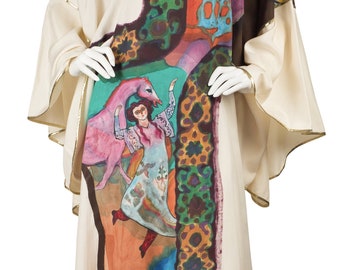 Miss Egypt 1980s Vintage Wearable Art Hand-Painted Cream Silk Caftan