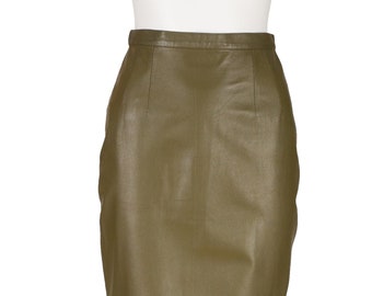 Kenzo 1990s Vintage Olive Lambskin High-Waisted Pencil Skirt Sz XS