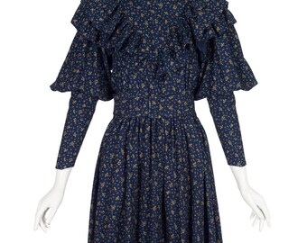 Droopy & Browns 1980s Floral Navy Cotton Ruffle Mutton Sleeve Dress