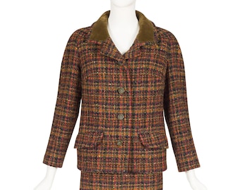 Norman Hartnell tailleur jupe col velours en laine bouclée vintage des années 1960 T TP