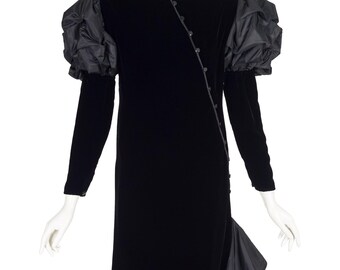 Emanuel Ungaro 1980s Black Silk Velvet Juliet Sleeve Vintage Evening Dress Sz M