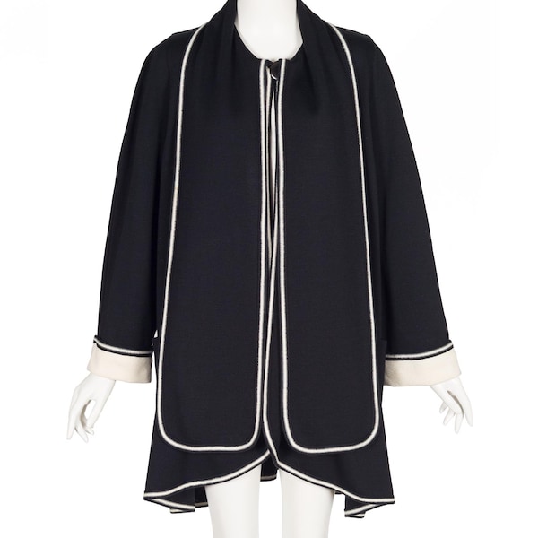 Virginie Paris 1980s Black & Cream Knit Vintage Swing Sweater Coat Sz M L XL