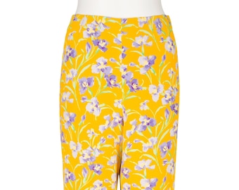 Pantalones rectos de crepé de seda amarillo con estampado de iris vintage de Bill Blass, años 90, talla S