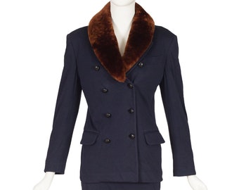 Jean-Paul Gaultier 1980s Vintage Fur Collar Navy Cotton Jersey Skirt Suit Sz S