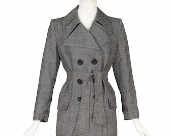 Ted Lapidus 1970s Vintage Gray Herringbone Double-Breasted Trench Coat Sz L