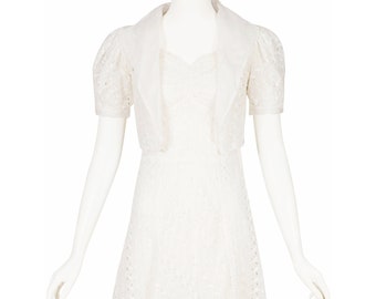 Conjunto de vestido e bolero vintage de organza de seda branca dos anos 1930, tamanho XS