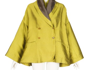 Romeo Gigli 1991 S/S Vintage Chartreuse Silk Trapeze Jacket w/ Neck Piece