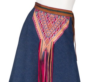 Roberto Cavalli 1970s Vintage Fringe Painted Suede Denim Skirt Sz M