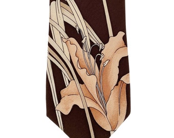 Leonard 1970s Vintage  Lily Brown Silk Men's Neck Tie