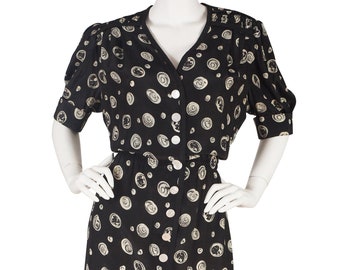 Louis Féraud 1980s Vintage Black Button Up Puff Sleeve Dress