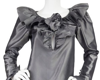 Yves Saint Laurent 1982 F/W Vintage Rosebud Ruffle Pewter Silk Taffeta Blouse