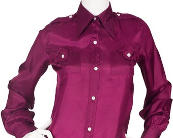 Ted Lapidus 1970s Vintage Magenta Silk Collared Button-Up Shirt Sz S M