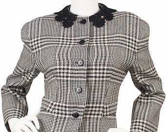 Byblos 1980s Vintage Lace Collar Houndstooth Wool Jacket Sz M