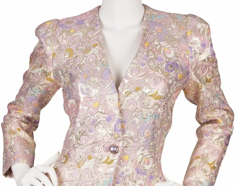 Lilian Fell 1980s Vintage Peacock Feather Pastel Metallic Brocade Blazer Sz S