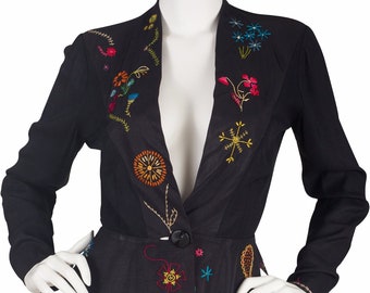 1930s Vintage Floral Hand-Embroidered Black Rayon Jacket Sz S