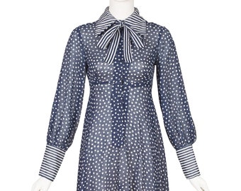 Jean Varon 1970s Vintage Polka Dot Navy Cotton Voile Collared Maxi Dress Sz XS