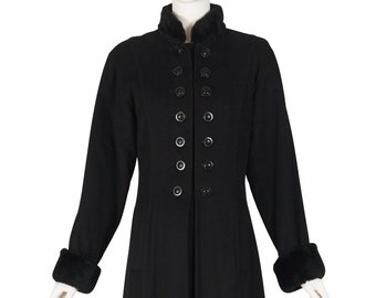 Yves Saint Laurent Fourrures 1980s Vintage Black Cashmere & Wool Fur Trim Coat Sz M