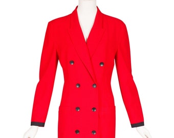 Louis Féraud 1990s Vintage Red Wool Crepe Double-Breasted Coat Dress Sz S M