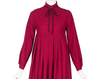 Guy Laroche 1980s Vintage Red Plaid Wool Empire Waist Pleated Dress Sz S