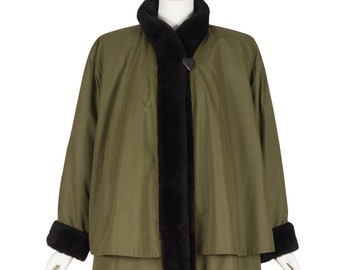 Yves Saint Laurent 1980s Vintage Fur Trim Olive Green Swing Coat