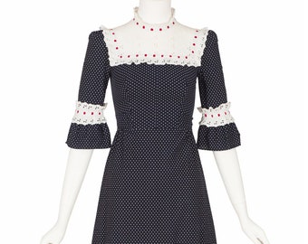 1970s French Vintage Polka-Dot Cotton Eyelet Ruffle Prairie Dress Sz XXS