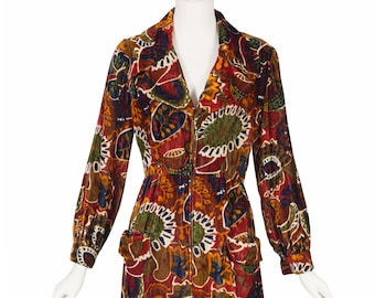 Bill Blass for Maurice Rentner 1960s Vintage Printed Velvet Pointed Collar Dress Sz XS